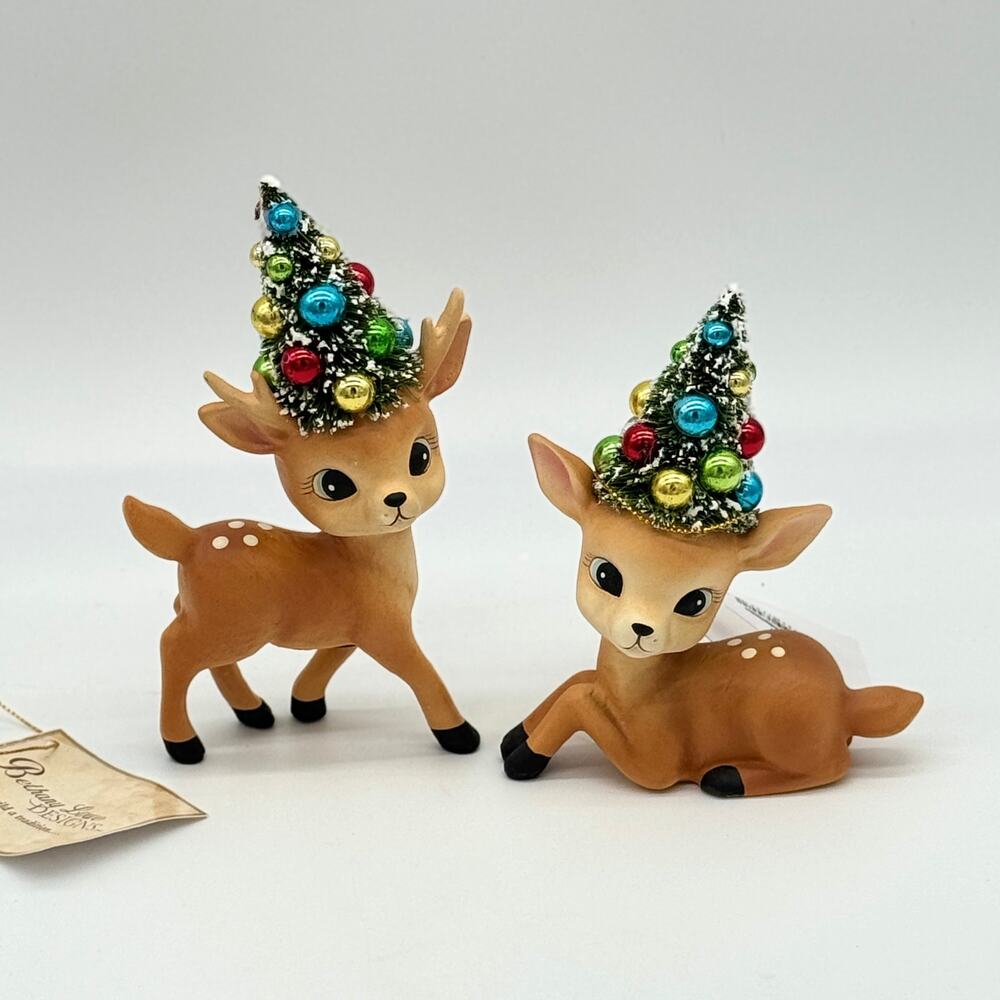 Bethany Lowe Set of 2 Merry & Bright Standing Resting Reindeer Bottle Brush Deer